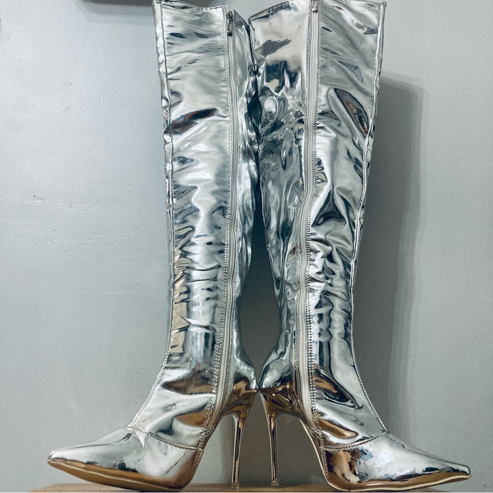 Metallic Silver Thigh High Stiletto Boots Size 5